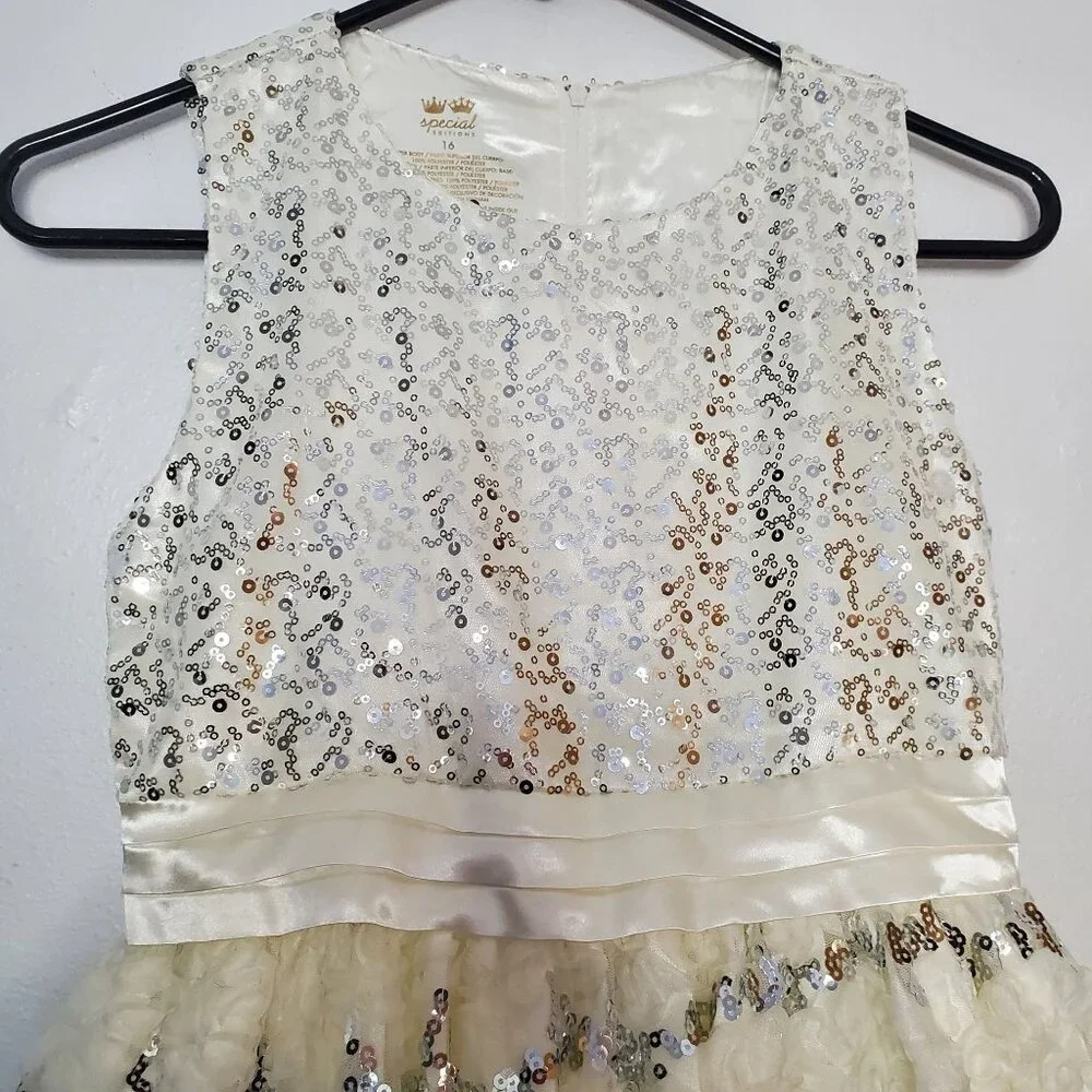 Special Editions Ivory Sequin & Lace Girls Dress Size 16 Sleeveless Satin Bow Ac - Picture 5 of 5
